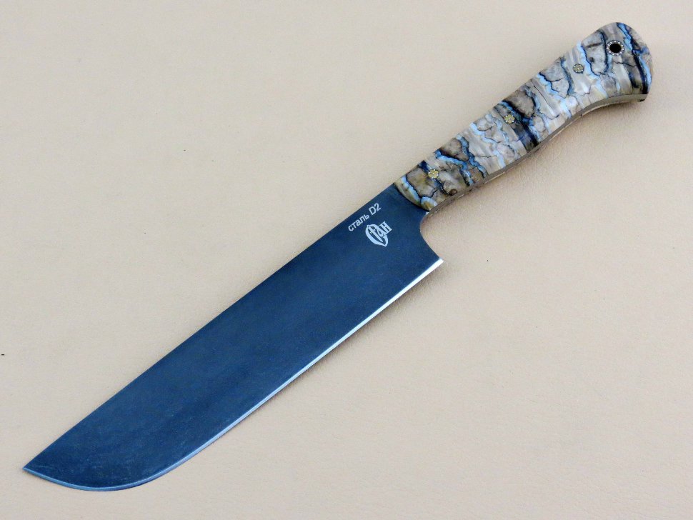 Кухонный нож «УЗБЕК» цельнометаллический, D2, зуб мамонта, мозаичные пины