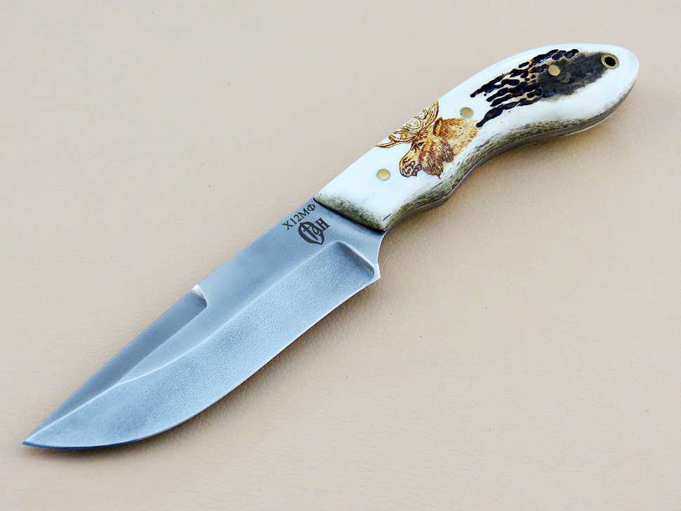Охотничий нож «ЛОСЬ» цельнометаллический Х12МФ, рог, скрим-шоу