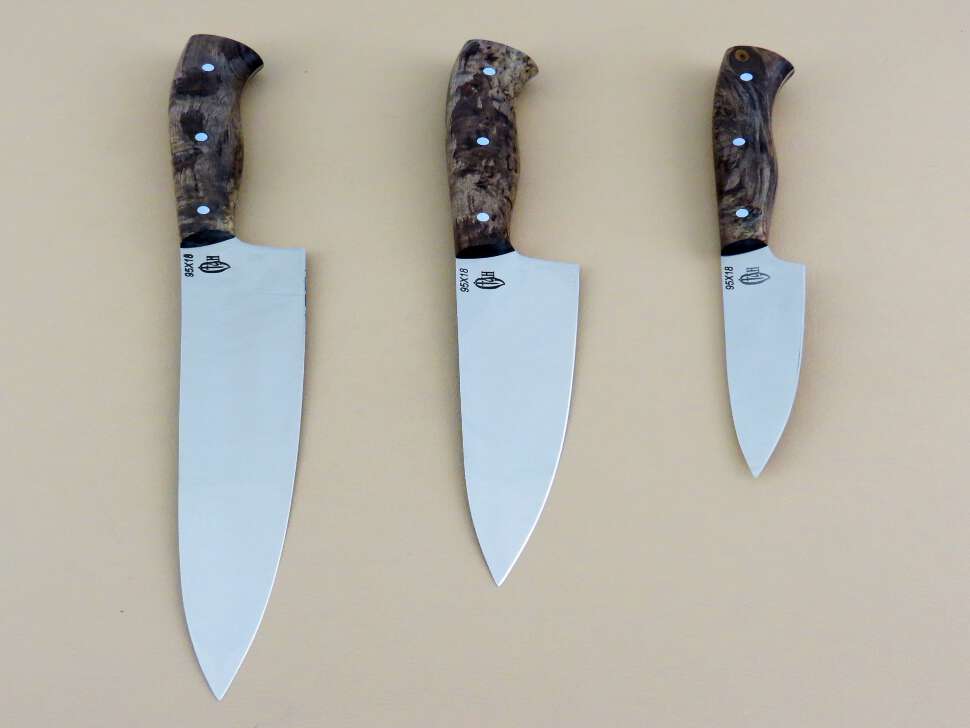 Набор кухонных ножей цельнометаллических «КУХНЯ-1» 3-х предметный 95Х18, кап клена