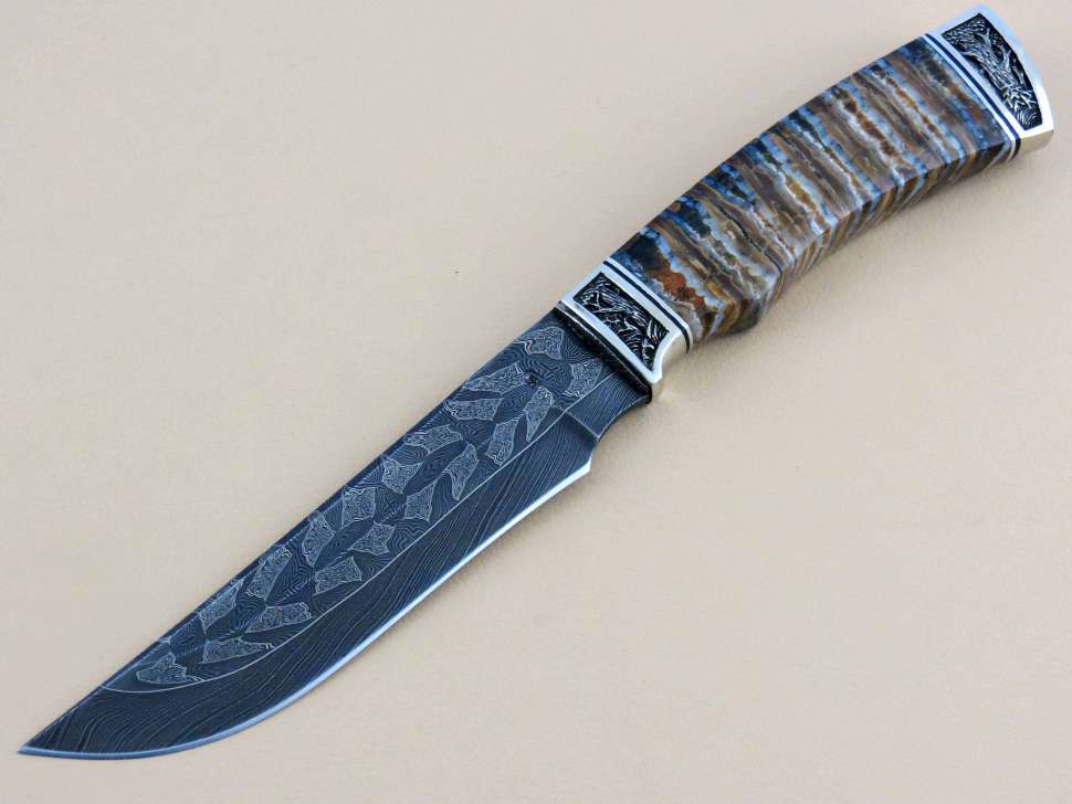 Нож «КЛЫК» дамаск, зуб мамонта, декор «Дубрава»