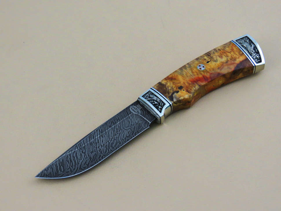 Нож «ТУРИСТ-1» дамаск, кап клёна, мозаичный пин, декор «Дубрава»