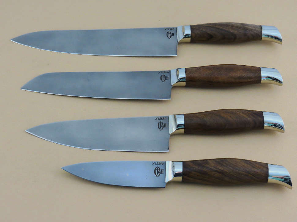 Набор кухонных ножей «КУХНЯ-4» 4-х предметный Х12МФ, комель ореха