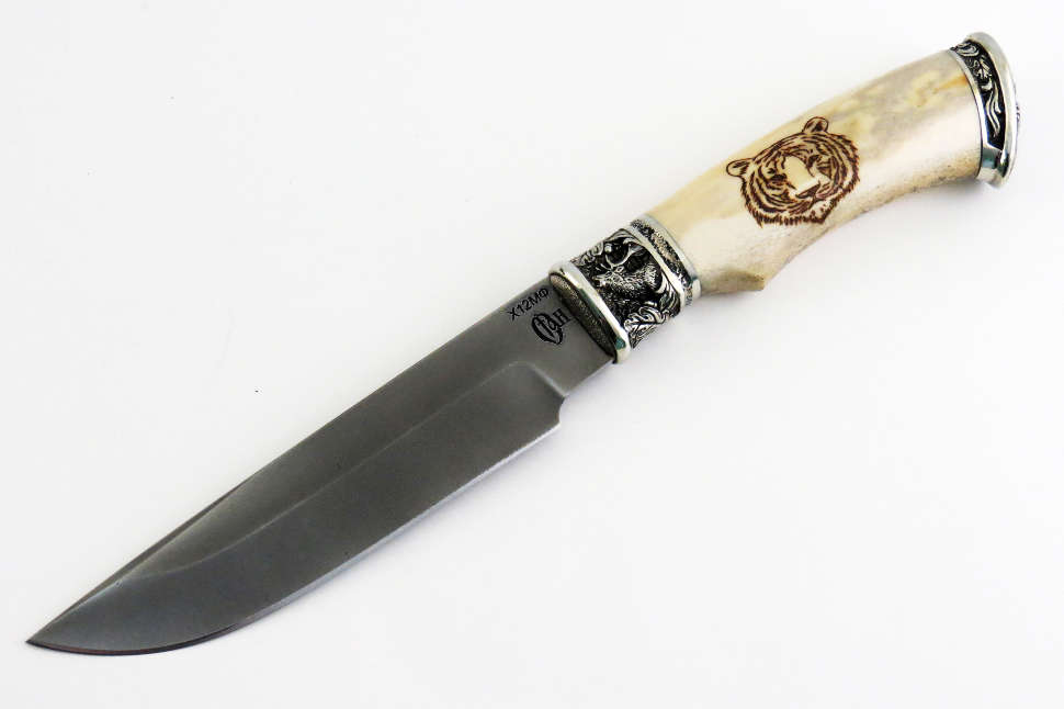 Нож «БИЗОН» Х12МФ, рог, пирография, Декор «Олени»