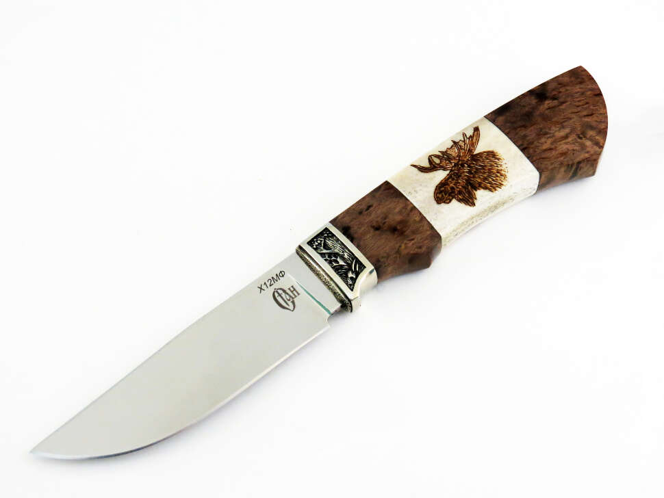 Нож «ТУРИСТ-1» Х12МФ, рог, пирография, карельская береза, декор «Дубрава»