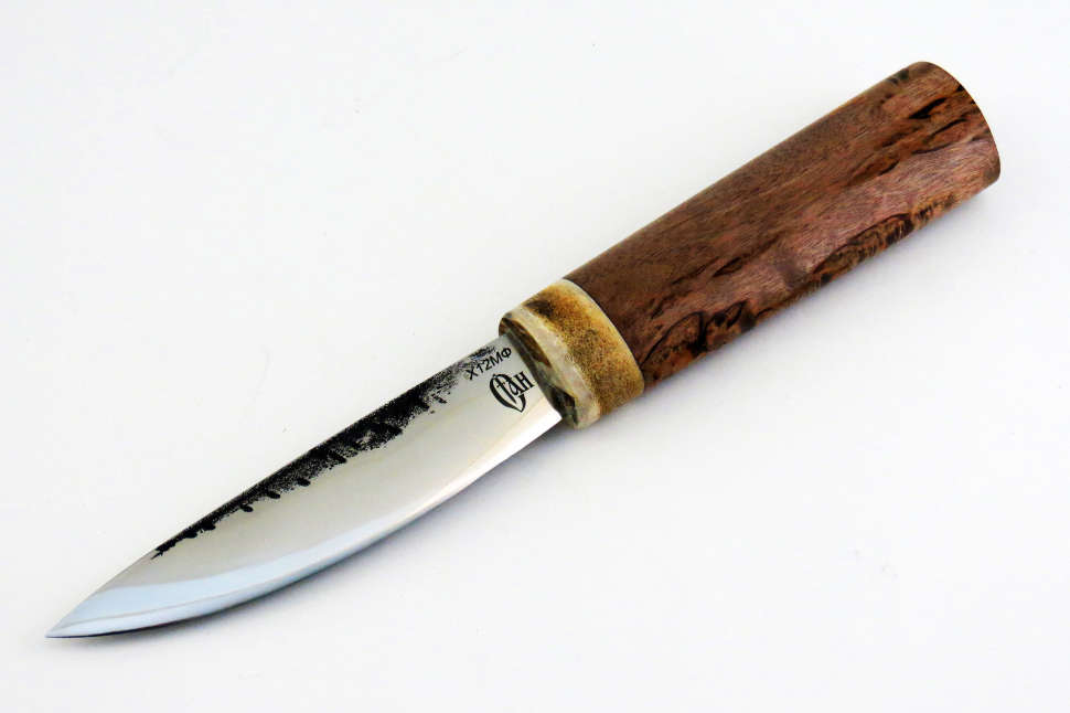 Нож «ЯКУТ малый» Х12МФ, кап клена, рог